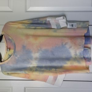 1X 3/4 sleeve pastel tiedye yellow pink blue poly/rayon/spandex blend made USA